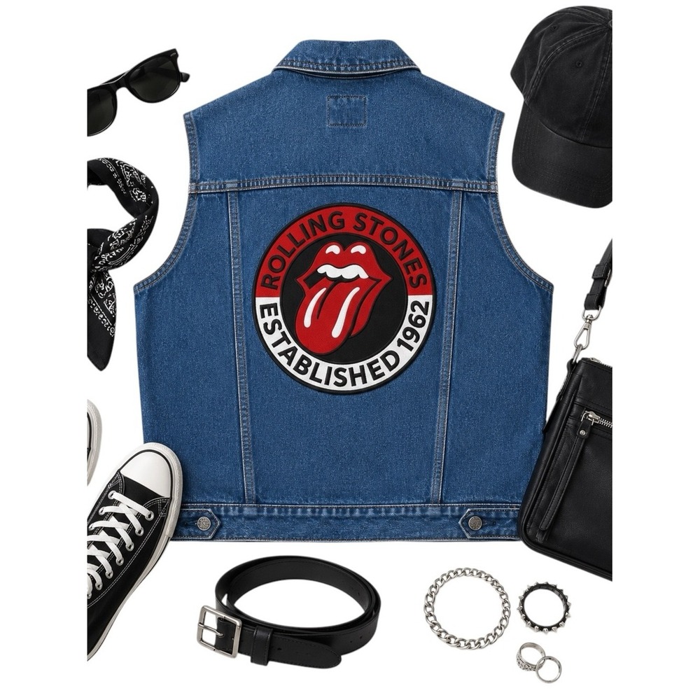 Rolling Stones Forever 21 Denim Vest Blue Logo Patch Rock Band Size Large in EUC